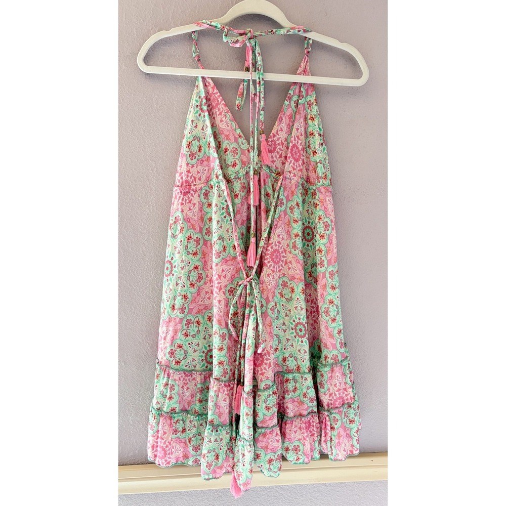 Karma Highway Pink Green Mandala Print Halter Mini Dress Boho Beach One Size - Picture 4 of 4